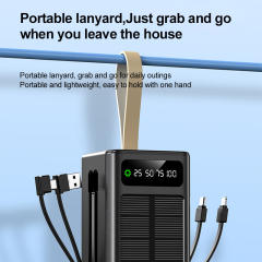 30000~60000mAh Solar Power Bank Fast Charging Portable Charger with Built-in Dual Cables, LED Display, Hand Strap & Multi Protection，RC-PD94