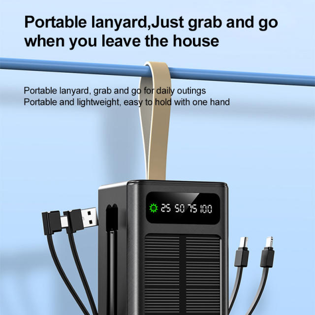 30000~60000mAh Solar Power Bank Fast Charging Portable Charger with Built-in Dual Cables, LED Display, Hand Strap & Multi Protection，RC-PD94