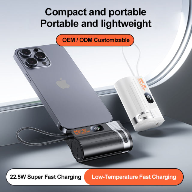 Mini 10000mAh Power Bank 22.5W Fast Charging with Built-in Type-C Cable & Plug, Capsule Portable PD Power Bank Fireproof Case，RC-GP58