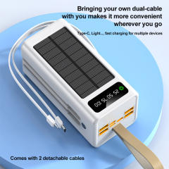 30000~60000mAh Solar Power Bank Fast Charging Portable Charger with Built-in Dual Cables, LED Display, Hand Strap & Multi Protection，RC-PD94