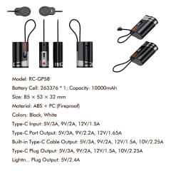 Mini 10000mAh Power Bank 22.5W Fast Charging with Built-in Type-C Cable & Plug, Capsule Portable PD Power Bank Fireproof Case，RC-GP58