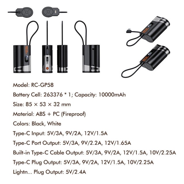 Mini 10000mAh Power Bank 22.5W Fast Charging with Built-in Type-C Cable & Plug, Capsule Portable PD Power Bank Fireproof Case，RC-GP58