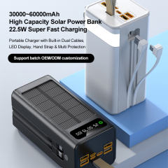 30000~60000mAh Solar Power Bank Fast Charging Portable Charger with Built-in Dual Cables, LED Display, Hand Strap & Multi Protection，RC-PD94