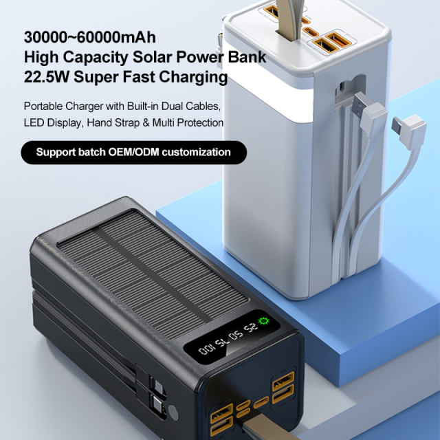 30000~60000mAh Solar Power Bank Fast Charging Portable Charger with Built-in Dual Cables, LED Display, Hand Strap & Multi Protection，RC-PD94