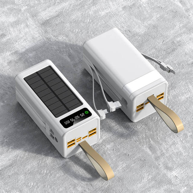 30000~60000mAh Solar Power Bank Fast Charging Portable Charger with Built-in Dual Cables, LED Display, Hand Strap & Multi Protection，RC-PD94