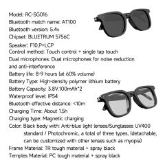 AI Translation Smart Glasses Bluetooth 5.4 | Open Ear Wireless Music &amp; Call Glasses | Touch Control | Dual Mic Noise Cancelling | Magnetic Charging | UV400 Sunglasses, RC-SG016