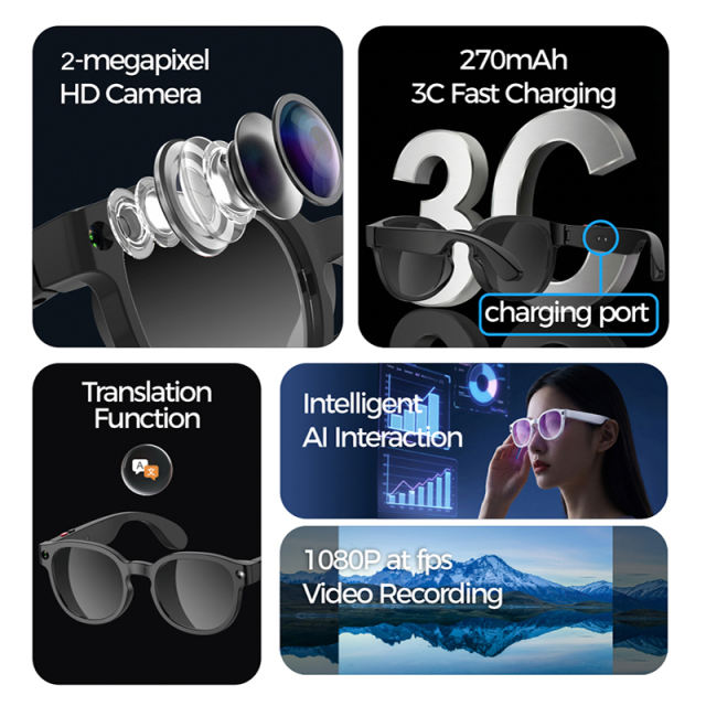 AI Translation Smart Glasses with 1080P Stabilized Camera, ChatGPT Voice Assistant, Bluetooth Music & Calls, WiFi Transfer, Magnetic Charging, RC-SG018