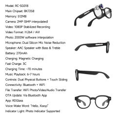 AI Translation Smart Glasses with 1080P Stabilized Camera, ChatGPT Voice Assistant, Bluetooth Music & Calls, WiFi Transfer, Magnetic Charging, RC-SG018