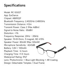 AI Smart Audio Glasses with Detachable Temples, Bluetooth Music &amp; Calling, AI Translation, Photochromic Blue Light Blocking Lenses, IP67 Waterproof  RC-SG027