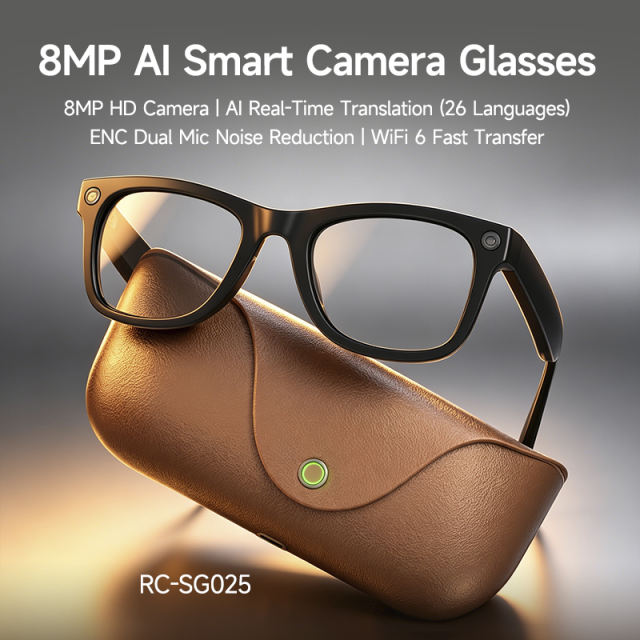 8MP AI Smart Translation Camera Glasses with Video Recording, Music Playback &amp; Bluetooth Calling, WiFi6, Noise Cancelling, IP65 Waterproof RC-SG025