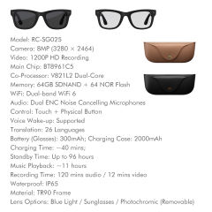 8MP AI Smart Translation Camera Glasses with Video Recording, Music Playback &amp; Bluetooth Calling, WiFi6, Noise Cancelling, IP65 Waterproof RC-SG025