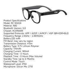 AI Smart Audio Glasses Bluetooth 5.0 | Wireless Music &amp; Calling | Translation | FM Radio | Open-Ear Stereo | Touch Control | IPX4 Waterproof RC-SG024