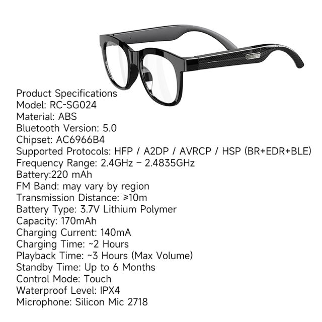 AI Smart Audio Glasses Bluetooth 5.0 | Wireless Music &amp; Calling | Translation | FM Radio | Open-Ear Stereo | Touch Control | IPX4 Waterproof RC-SG024