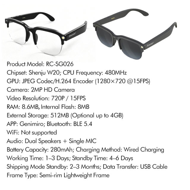 AI Smart Translation Glasses with HD Camera, Photo &amp; Video Recording, Bluetooth Music Calling Eyewear, 2MP Wearable Camera Glasses for Outdoor &amp; Travel RC-SG026