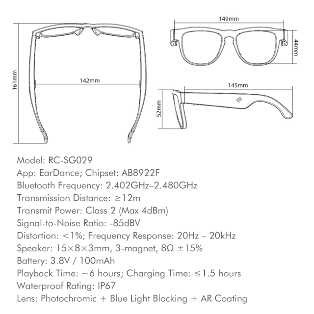 AI Smart TWS Audio Sunglasses, Bluetooth Music &amp; Calling, AI Translation, Photochromic Blue Light Blocking Lenses, IPX4 Waterproof  RC-SG029