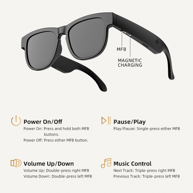 AI Smart TWS Audio Sunglasses, Bluetooth Music &amp; Calling, AI Translation, Photochromic Blue Light Blocking Lenses, IPX4 Waterproof  RC-SG029