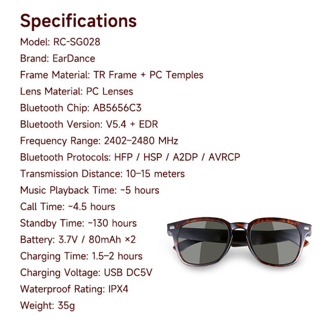 AI Audio (tortoiseshell) Sunglasses, Bluetooth Music &amp; Calling, AI Translation, Photochromic Blue Light Blocking Lenses, IPX4 Waterproof  RC-SG028
