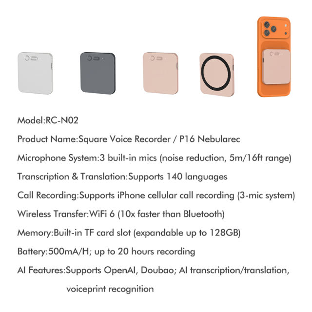 128GB Smart AI Meeting Recorder，3-Mic Far-Field， 140-Language Real-Time Translation & Transcription | Phone Call Recording for iPhone， WiFi 6 Fast Transfer，ChatGPT & AI Assistant Enabled  RC-N02