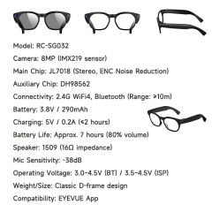 AI-Powered Smart Glasses: 8MP HD Camera, Live Streaming, Real-Time Translation & ChatGPT Integration RC-SG032
