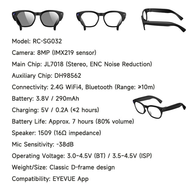 AI-Powered Smart Glasses: 8MP HD Camera, Live Streaming, Real-Time Translation & ChatGPT Integration RC-SG032