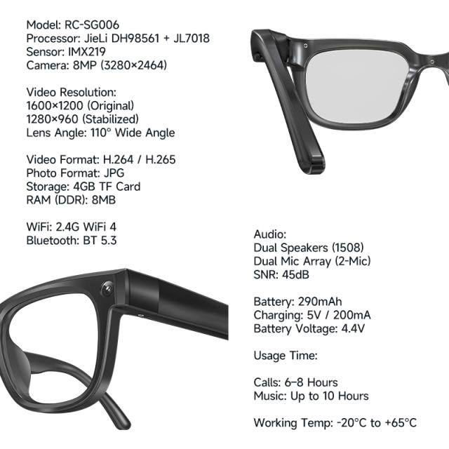AI Translation Smart Glasses | 8MP Camera Video Recording | Bluetooth 5.3 Music & Calls | Hi-Fi Dual Speakers | WiFi4 Wireless Glasses | Hands-Free Audio & Voice Control | 2026 New RC-SG006 RC-SG006