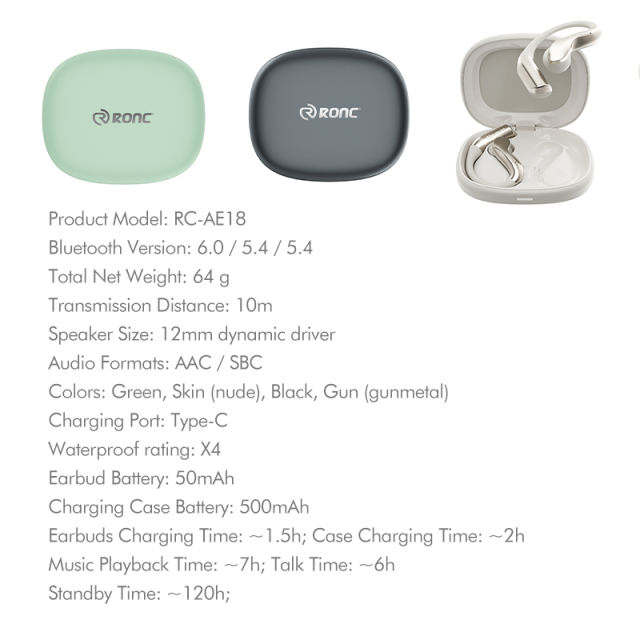 TWS Open-Ear Wireless Earhooks with Smart AI Translation, Bluetooth 6.0 Directional Sound Sports Headphones, Macaron Green HD Call Noise Cancelling Earbuds RC-AE18