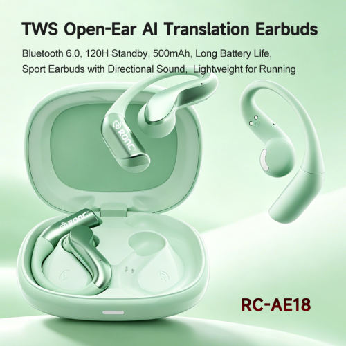 TWS Open-Ear Wireless Earhooks with Smart AI Translation, Bluetooth 6.0 Directional Sound Sports Headphones, Macaron Green HD Call Noise Cancelling Earbuds RC-AE18