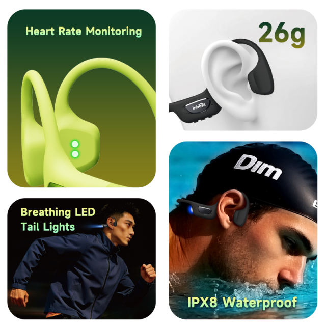 Bone Conduction Sports Headphones with Smart AI Translation, Heart Rate Monitor & Step Tracker, Bluetooth 6.0 Wireless Open-Ear Headset with Built-in TF Card & LED Night Running Light，RC-AE21