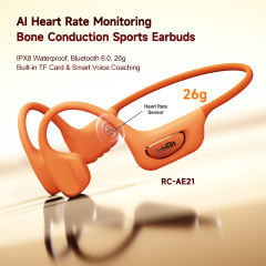 Bone Conduction Sports Headphones with Smart AI Translation, Heart Rate Monitor & Step Tracker, Bluetooth 6.0 Wireless Open-Ear Headset with Built-in TF Card & LED Night Running Light，RC-AE21