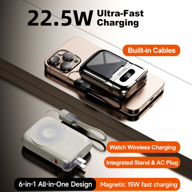 6-in-1 Qi2 MagSafe Power Bank 22.5W Fast Charging – Built-in Dual Cables + Apple Watch Charger + Stand, 10000mAh Magnetic External Battery for iPhone & Android (2026 New) RC-PD99