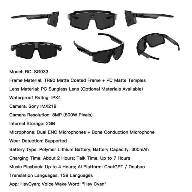 8MP AI Camera Smart Glasses | 800W HD Photo &amp; Video Recording | ChatGPT AI Translation Glasses | Real-Time Translator | Open-Ear Bluetooth Audio Glasses，RC-SG033