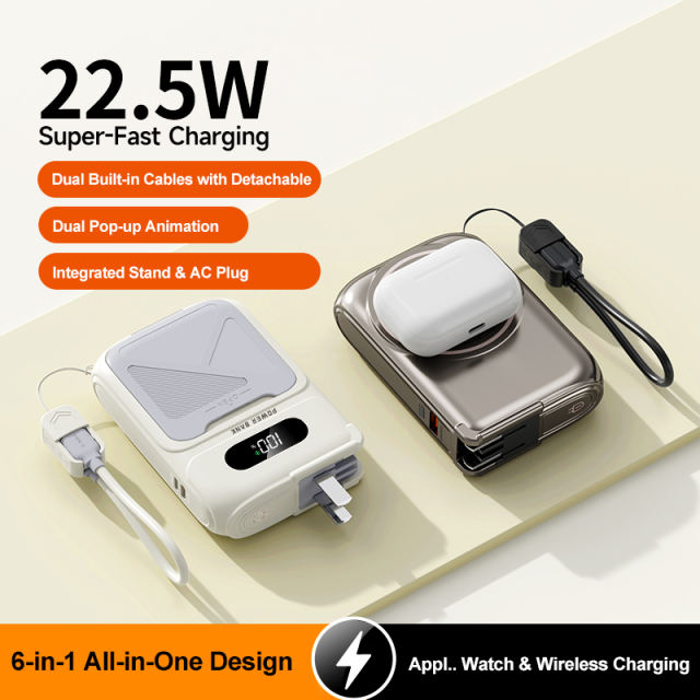 6-in-1 Qi2 MagSafe Power Bank 22.5W Fast Charging – Built-in Dual Cables + Apple Watch Charger + Stand, 10000mAh Magnetic External Battery for iPhone & Android (2026 New) RC-PD99