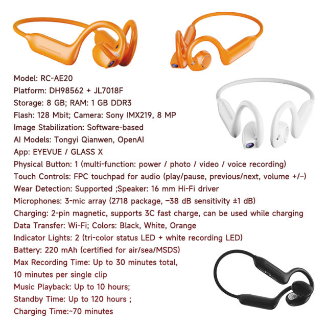 2026 New AI Smart Sports Earphones with 8MP Camera, Real‑Time Translation, Hi‑Fi Music, Bluetooth Calling & Voice Recording – RC‑AE20