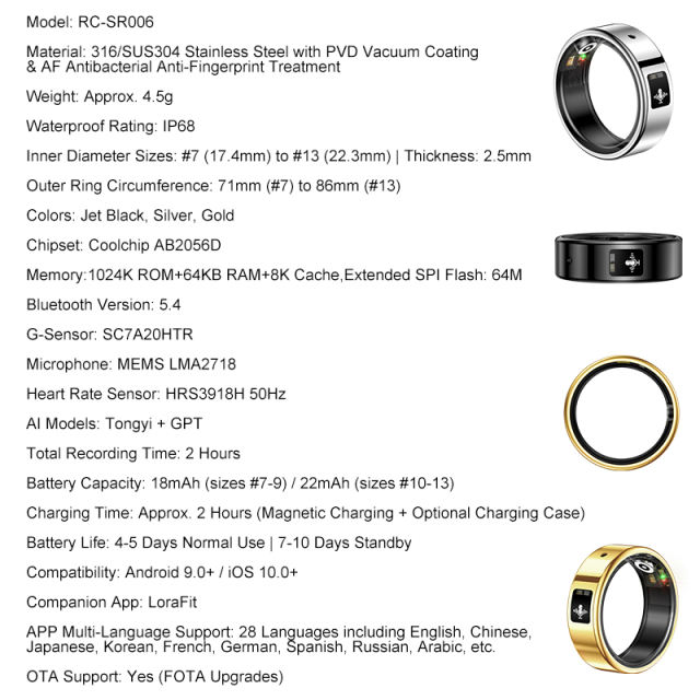 RONC AI Smart Recording Health Ring,Transcription & AI Summary,Heart Rate & Sleep Monitor RC-SR006