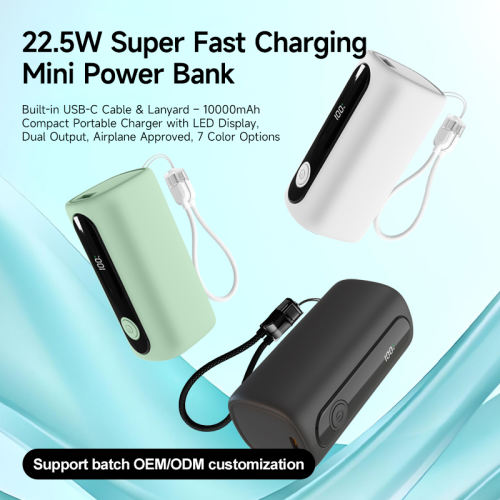 22.5W Super Fast Charging Mini Power Bank with Built-in USB‑C Cable & Lanyard – 10000mAh Compact Portable Charger with LED Display, Dual Output, Airplane Approved, 7 Color Options
