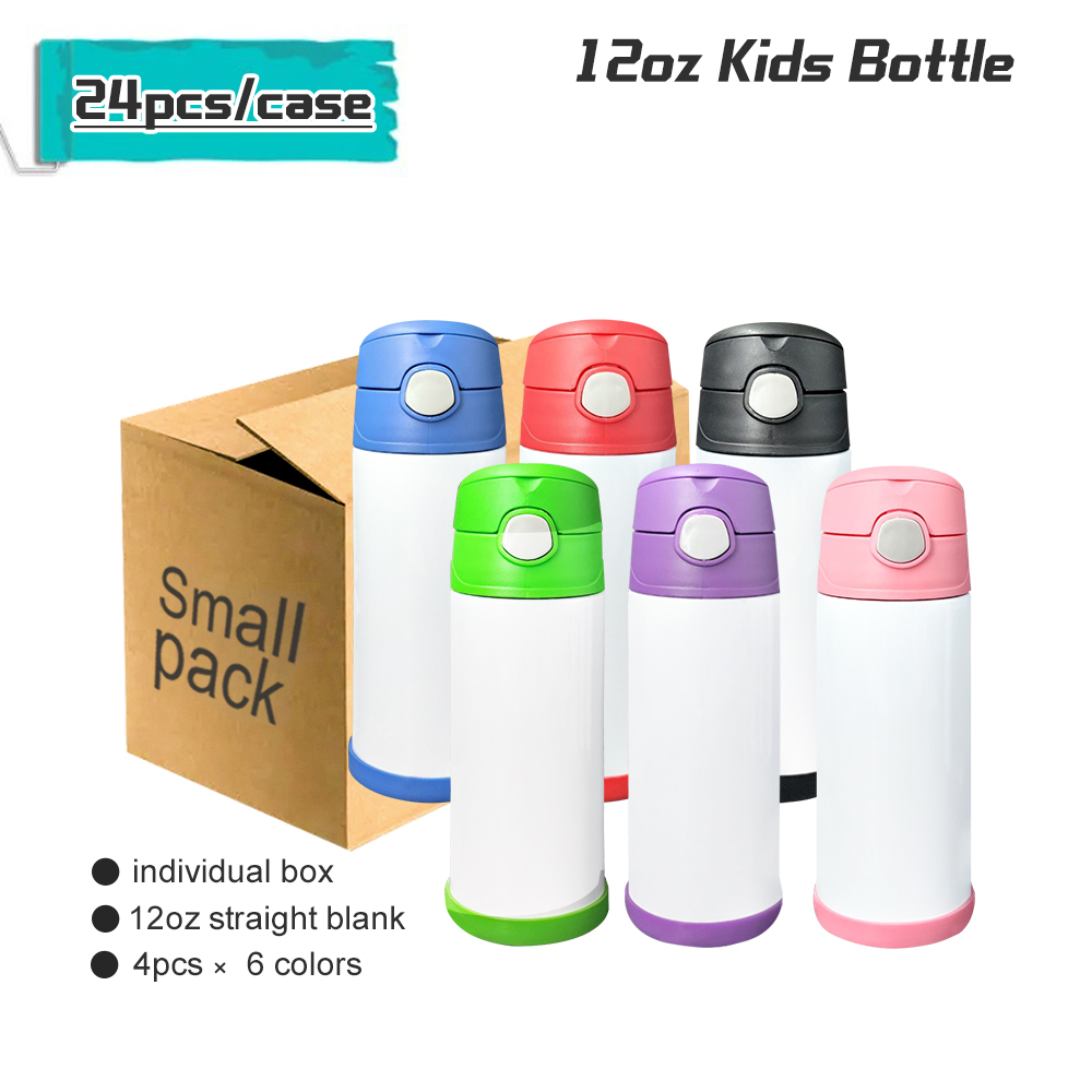 Free Shipping Small Pack 24 Pack 12 oz Sublimation Kids Water Bottle Vacuum Kids Bottle Bounce Lids with Handle
