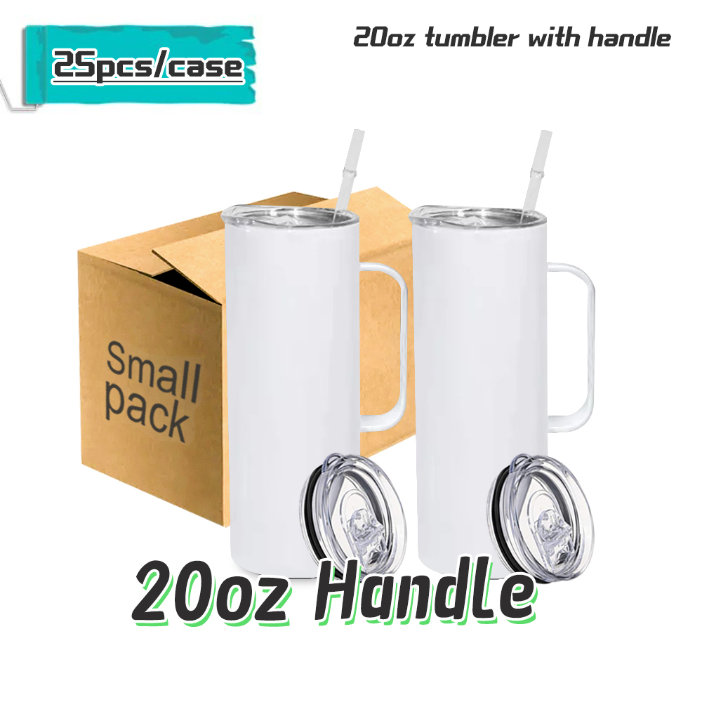 Free Shipping 25 Pack Double Wall Stainless Steel 20oz White Sublimation Tumbler with Handle