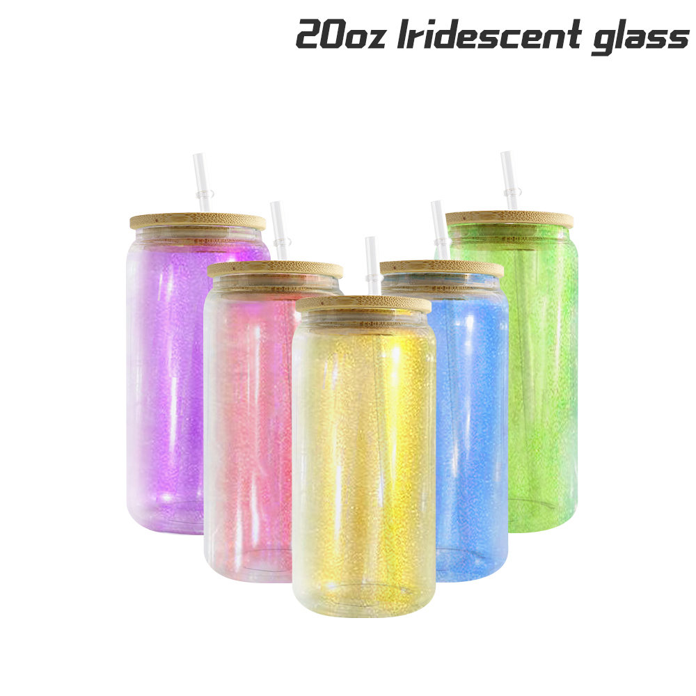 Iridescent Glass Cans Bamboo Lids and Straws Set of 4 20 