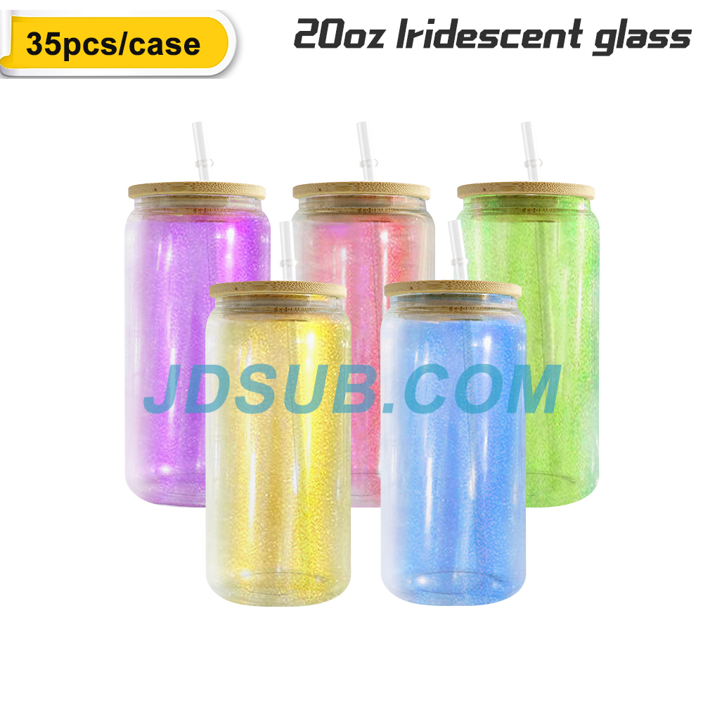 35 Pack 20oz Iridescent Sublimation Glass Can with Bamboo Lids and Plastic Straws