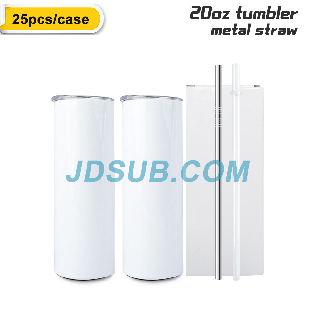 Pre-Sale 25 Pack 20oz White Sublimation Straight Skinny Tumbler Blanks with Metal Straws