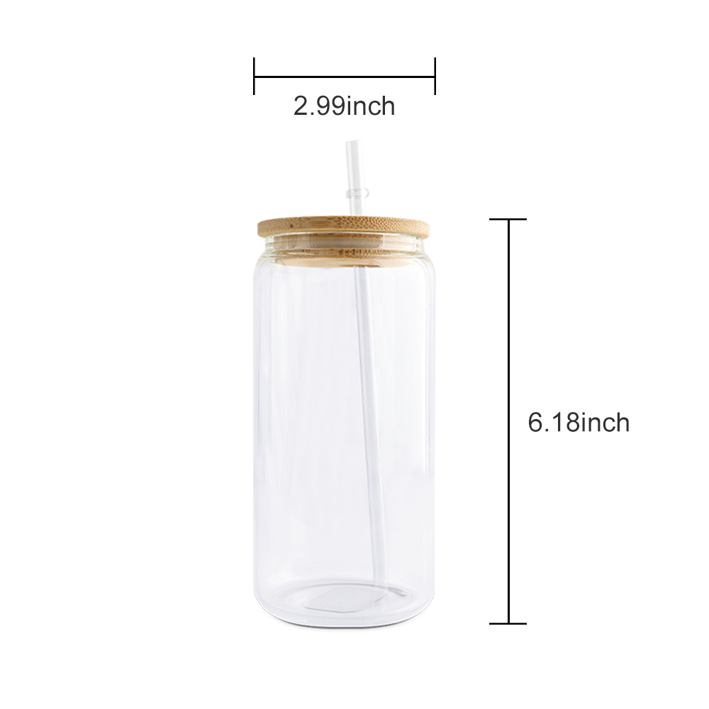 KOCDAM 50 Pack 16oz Sublimation Frosted Clear Glass Can Jar with Bamboo Lids and Plastic Straw