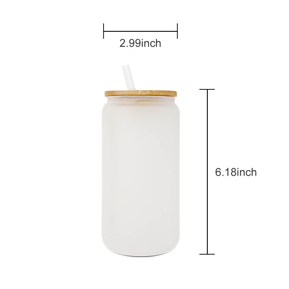 KOCDAM 50 Pack 16oz Sublimation Frosted Clear Glass Can Jar with Bamboo Lids and Plastic Straw