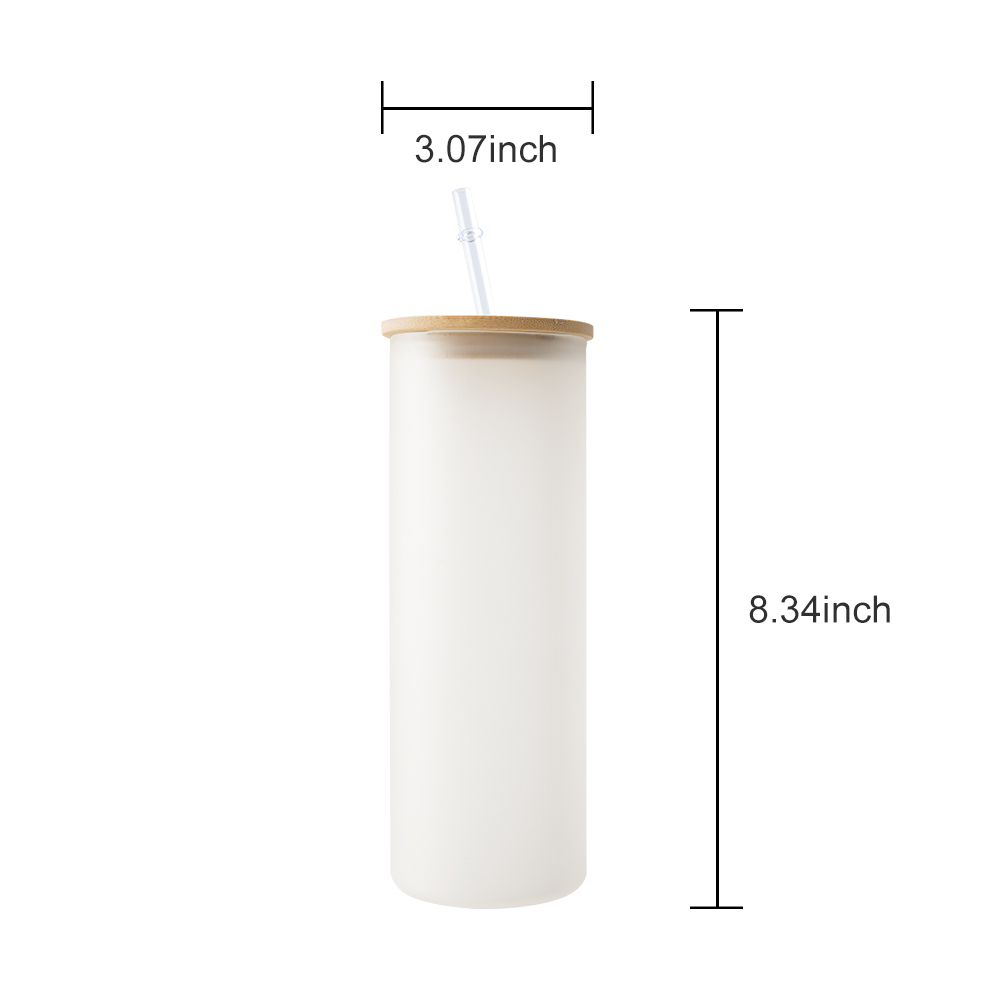 KOCDAM 25 Pack 25oz Sublimation Frosted Clear Glass Tumbler Blanks with Bamboo Lids and Plastic Straw