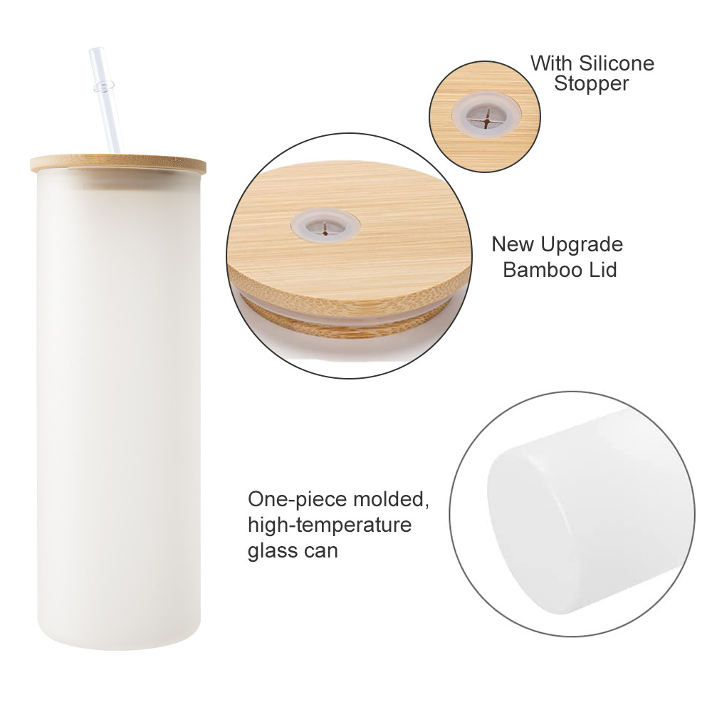 25 Pack 25oz Sublimation Frosted Clear Glass Tumbler Blanks with Bamboo Lids and Plastic Straw