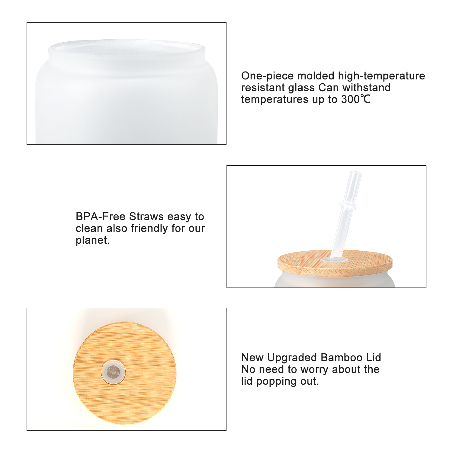 25Pack 16oz Sublimation Frosted Clear Glass Jar with Bamboo Lids and Plastic Straw