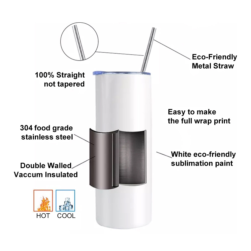KOCDAM 50 Pack 20oz White Sublimation Straight Skinny Tumbler Blanks with Plastic Straws