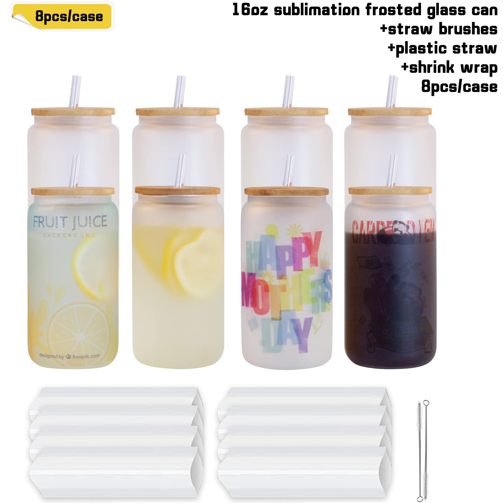 4/6/8/12 Pack 16oz Sublimation Frosted Glass Jar with Bamboo Lids ,Plastic Straw,Straw brush and Shrink Wrap