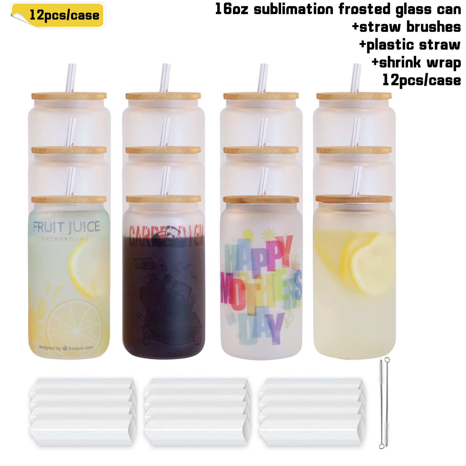 4/6/8/12 Pack 16oz Sublimation Frosted Glass Jar with Bamboo Lids ,Plastic Straw,Straw brush and Shrink Wrap
