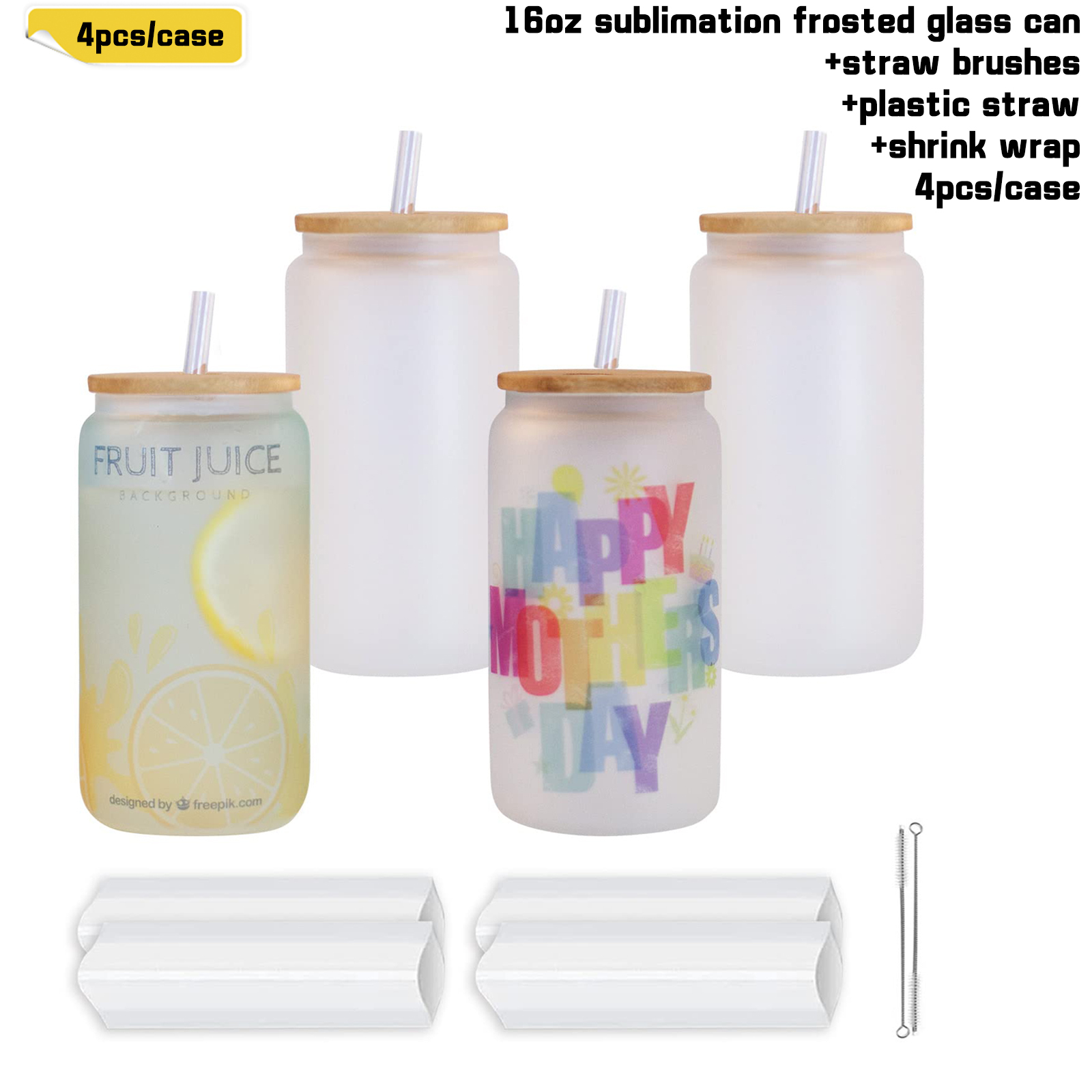 4/6/8/12 Pack 16oz Sublimation Frosted Glass Jar with Bamboo Lids ,Plastic Straw,Straw brush and Shrink Wrap