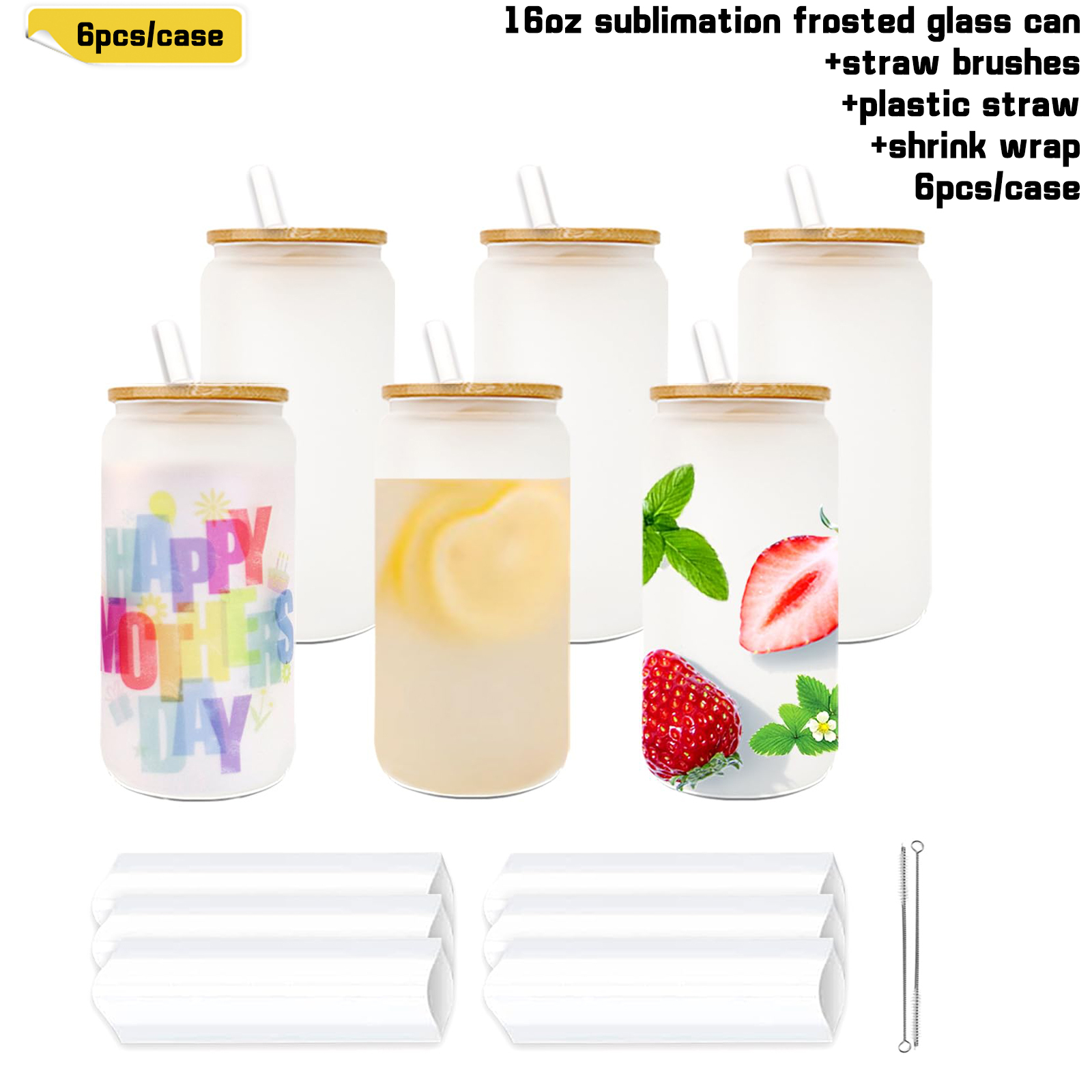 4/6/8/12 Pack 16oz Sublimation Frosted Glass Jar with Bamboo Lids ,Plastic Straw,Straw brush and Shrink Wrap